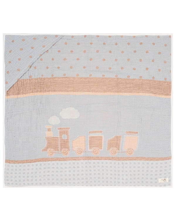 Choo-Choo Train Gauze Hooded Blanket Single