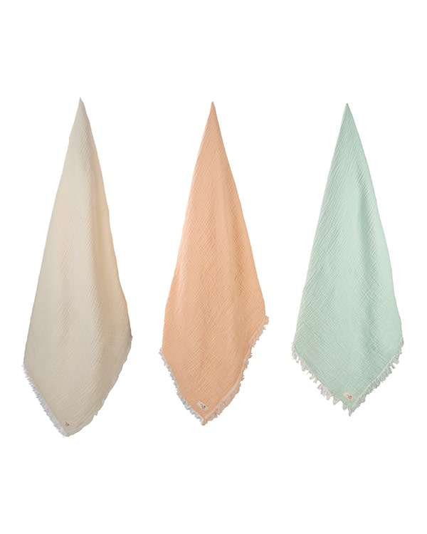 Little Fishies Gauze Receiving Blanket Set – 3 Pack – Seafoam / Peach Fuzz / Natural