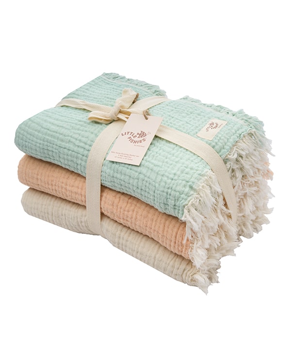Little Fishies Gauze Receiving Blanket Set – 3 Pack – Sage / Grey / Navy