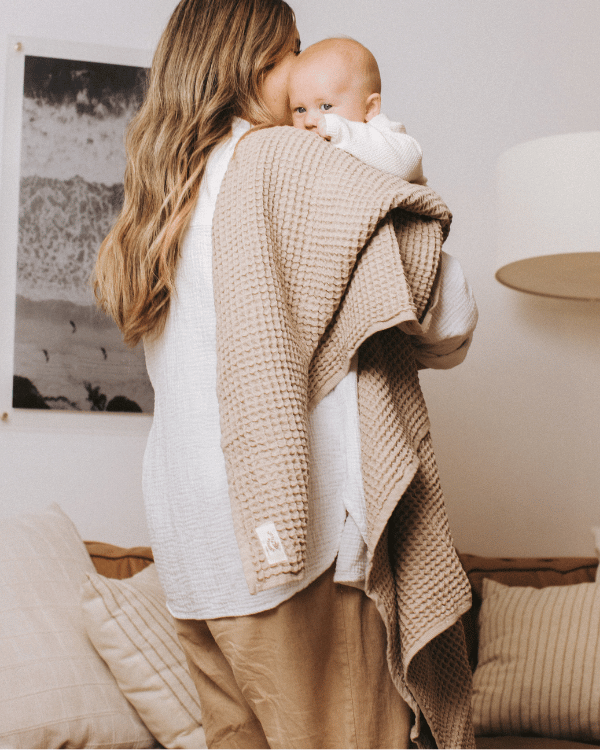 Little Fishies Waffle Blanket – Warm Taupe