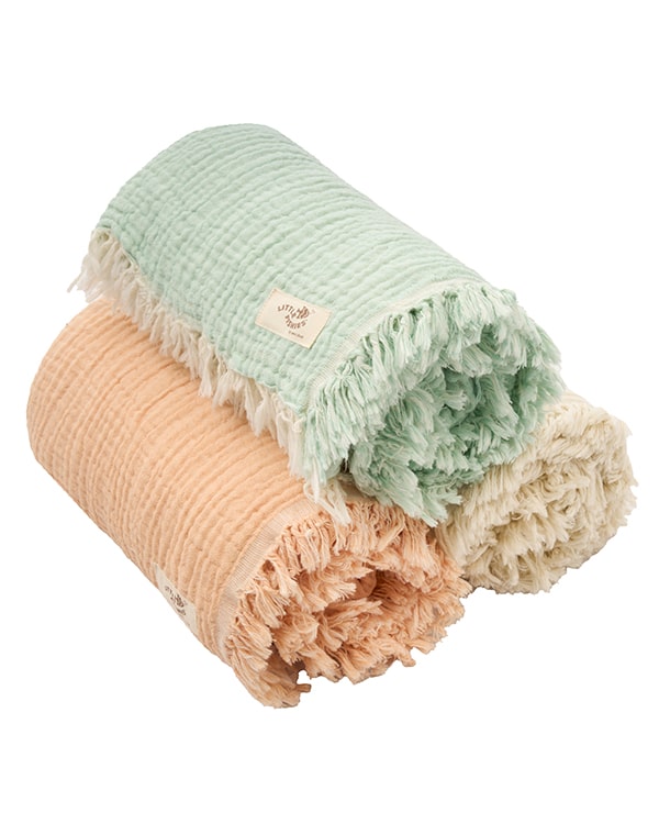 Little Fishies Gauze Receiving Blanket Set – 3 Pack – Seafoam / Peach Fuzz / Natural