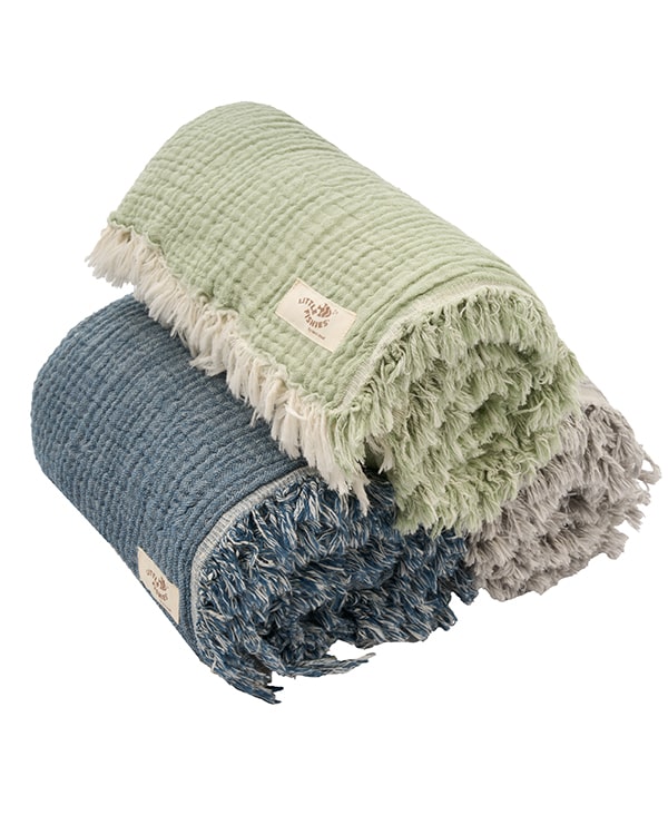 Little Fishies Gauze Receiving Blanket Set – 3 Pack – Sage / Grey / Navy