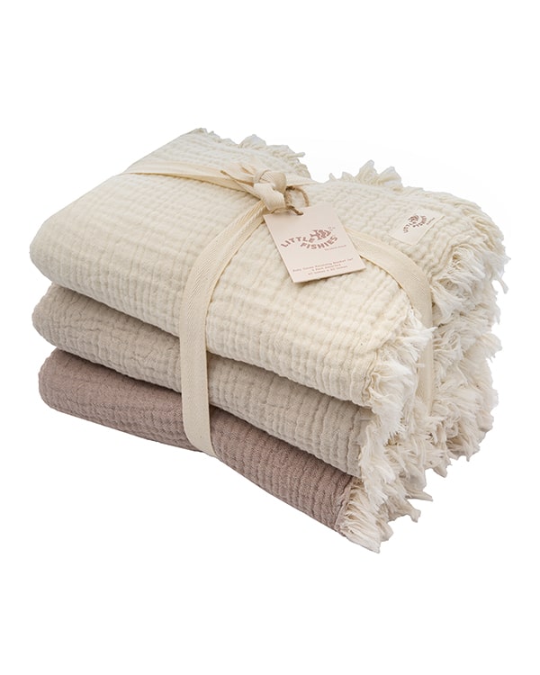 Little Fishies Gauze Receiving Blanket Set – 3 Pack – Sage / Grey / Navy