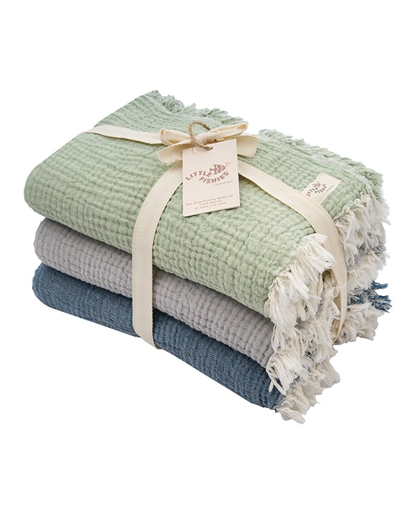 Little Fishies Gauze Receiving Blanket Set – 3 Pack – Sage / Grey / Navy