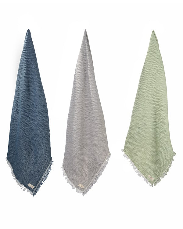 Little Fishies Gauze Receiving Blanket Set – 3 Pack – Sage / Grey / Navy