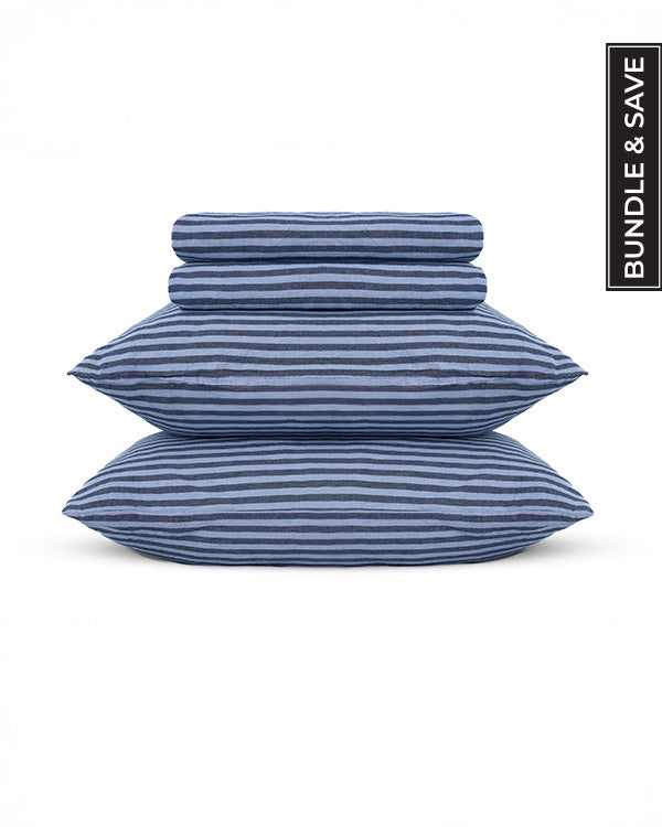 Classic Micro Twill Stripe Melange Sheet Set Indigo