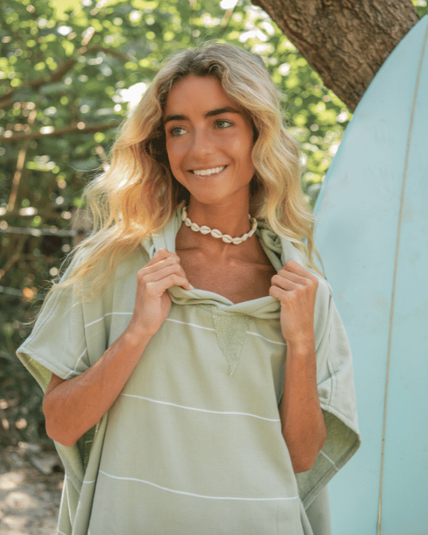 Classic Stripe Hooded Poncho – Celadon Green