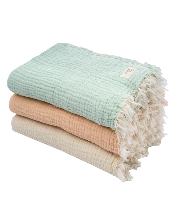 Little Fishies Gauze Receiving Blanket Set – 3 Pack – Seafoam / Peach Fuzz / Natural