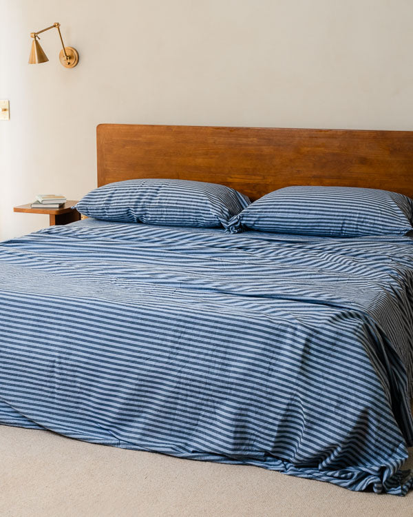 Classic Micro Twill Stripe Melange Flat Top Sheet Indigo