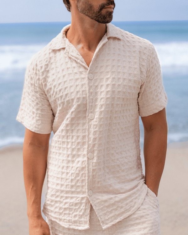 Orb Button Down Waffle Shirt – Sand – Mens