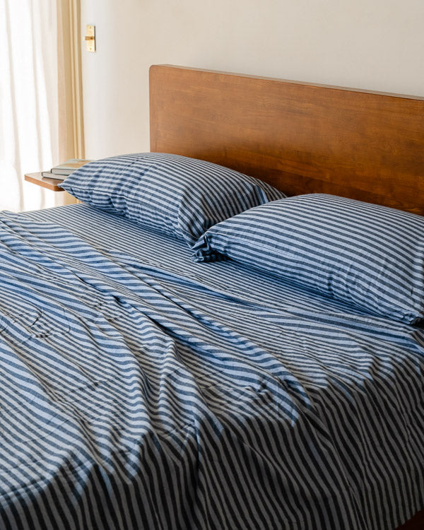 Classic Micro Twill Stripe Melange Flat Top Sheet Indigo